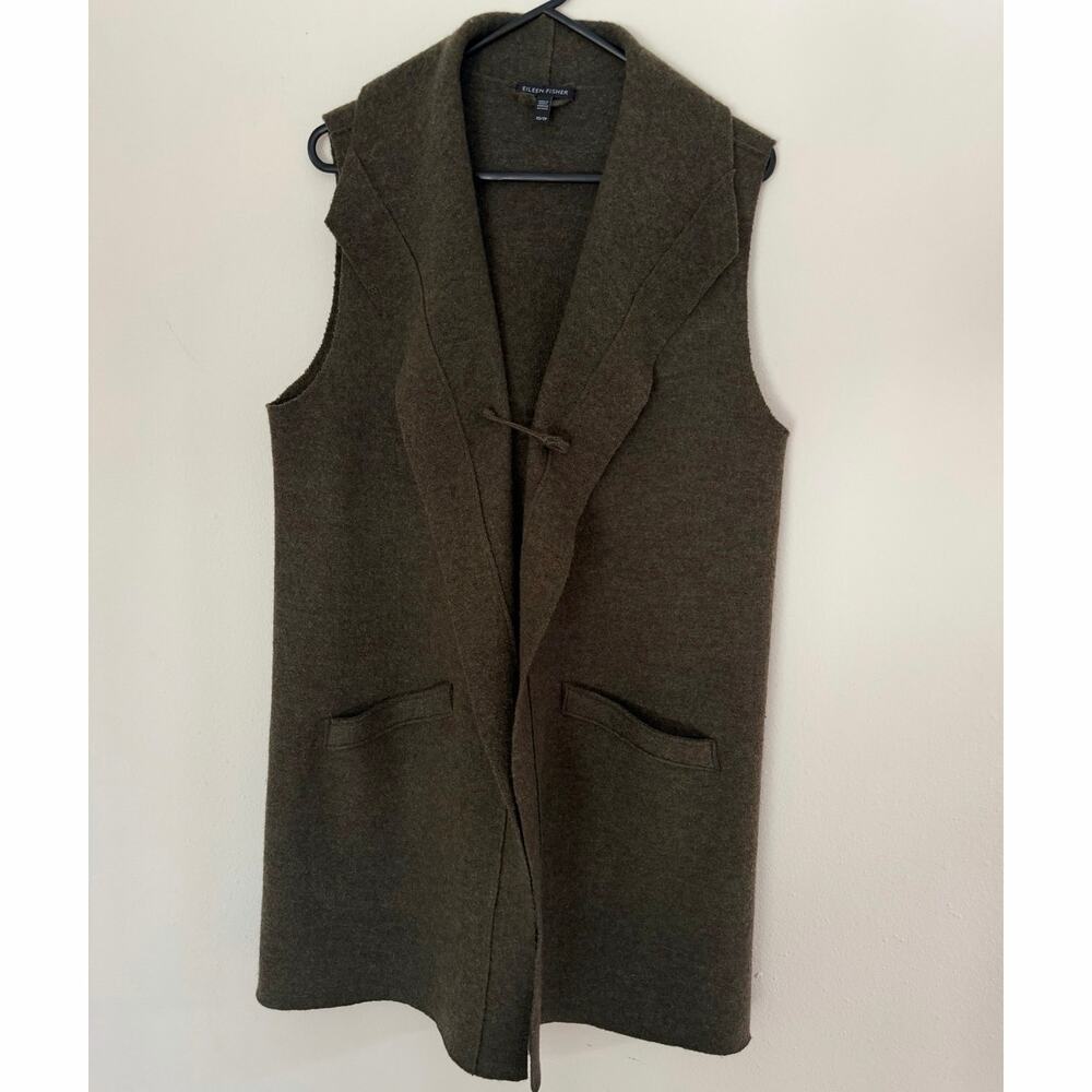 Eileen Fisher 100% Boiled Wool Long Vest Draped Shawl Collar Olive Moss XS